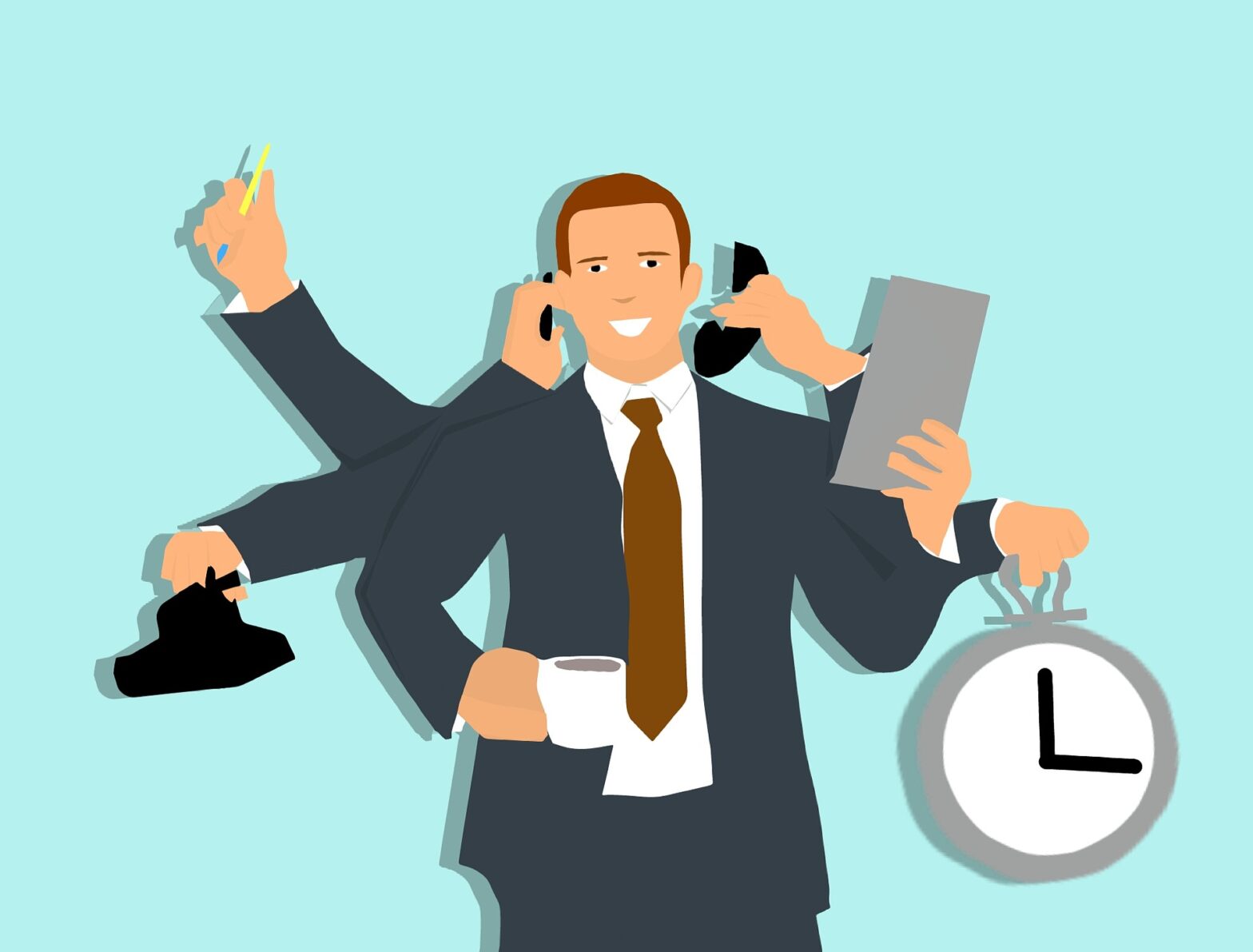 man with clock paper phones pen coffee multitasking